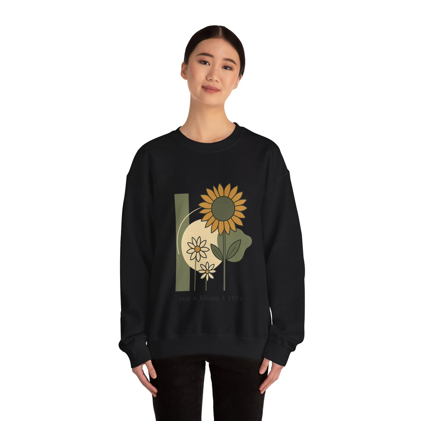Sun & Bloom Crewneck Sweatshirt — Vintage Sunflower Graphic Gildan 18000
